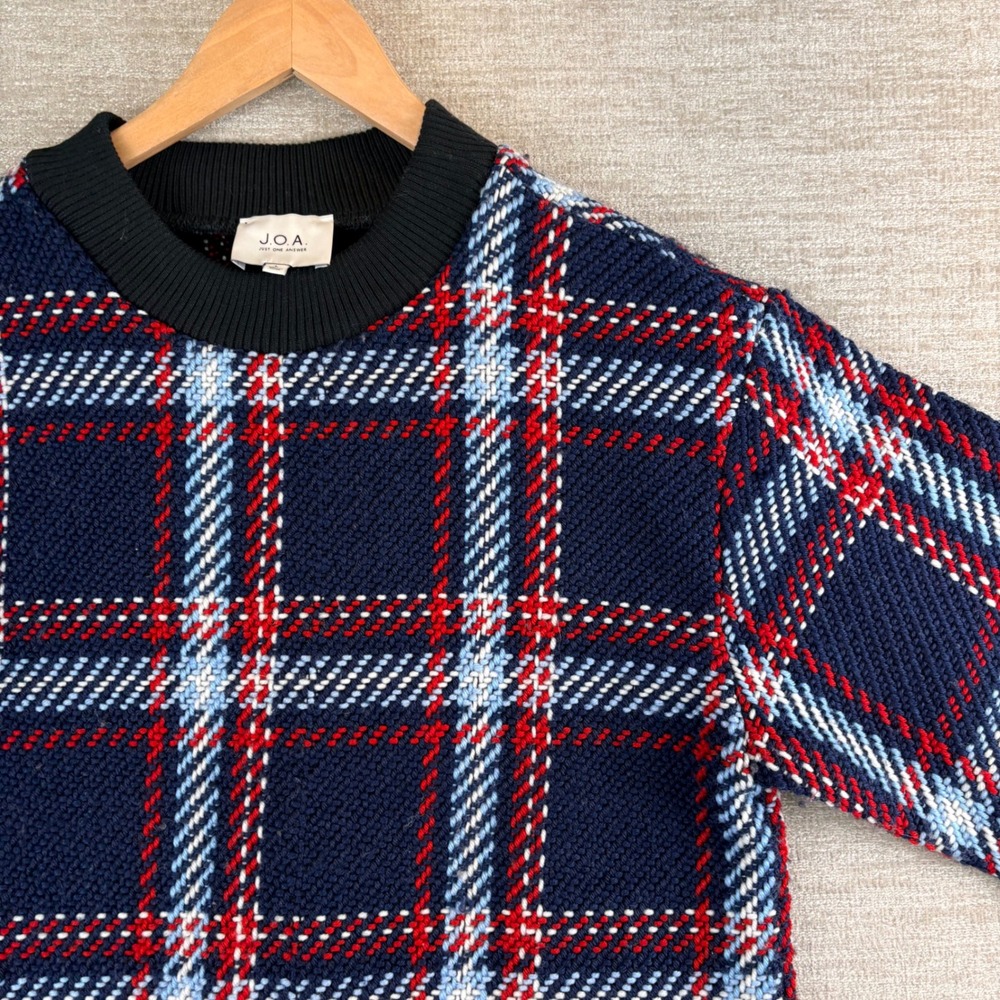 J.O.A. Plaid Fringe Knit Mini Dress Women L Navy Red EUC Dark Academia Cozy Wool